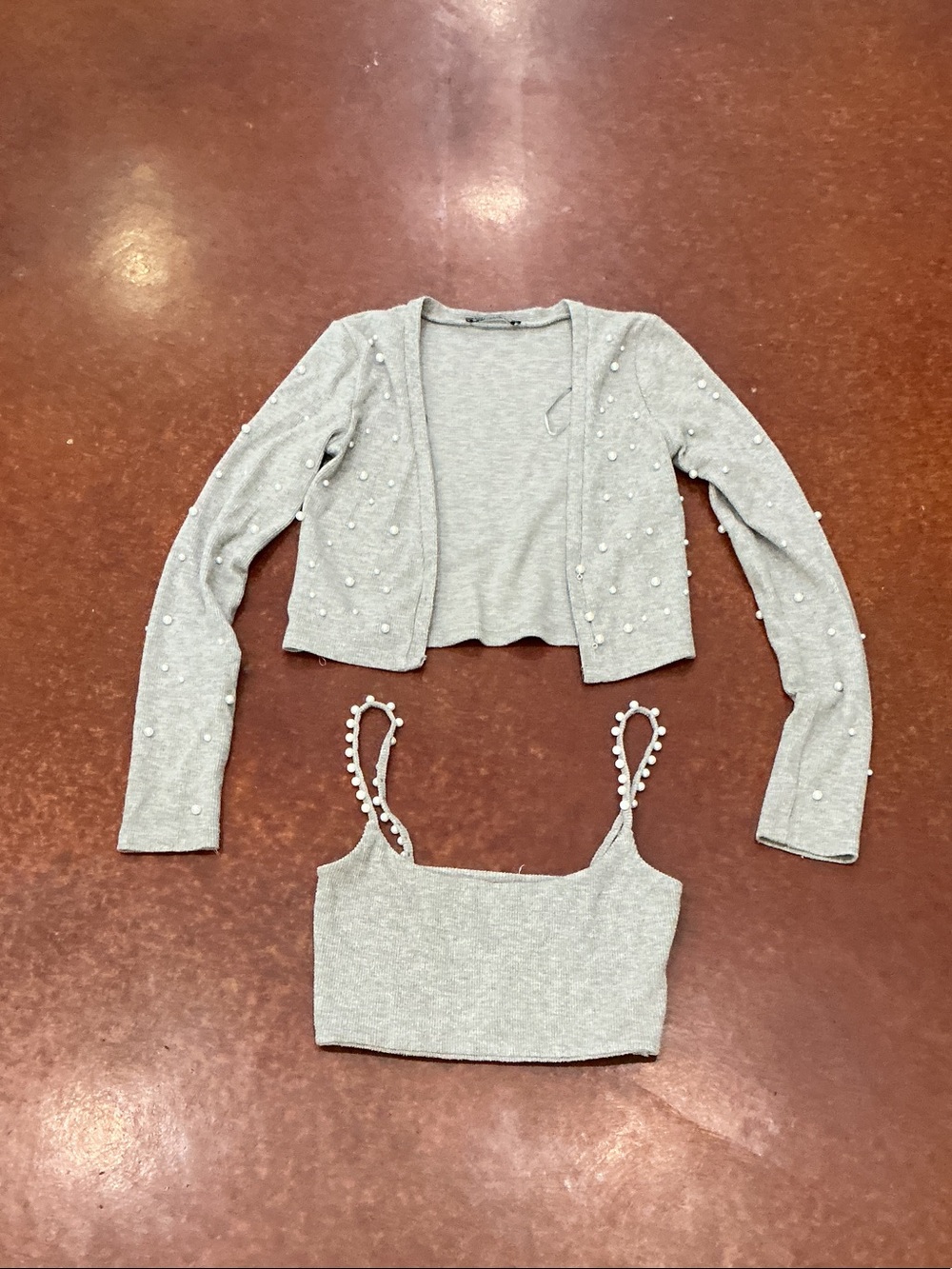 Zara Light Gray Pearl-Trim Cropped Cardigan and Tank Set